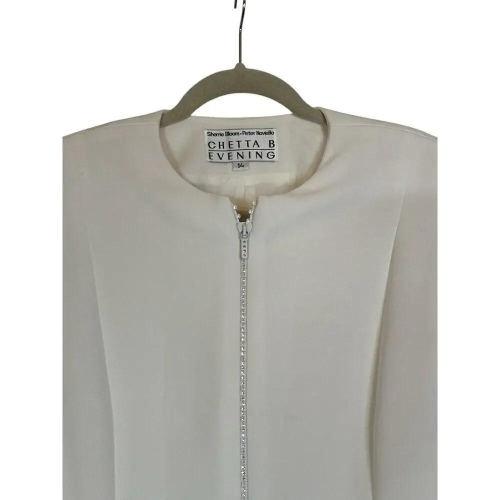 Chetta B Women's Full Zip Front Embellished Party Fancy Top Suit Size 14 Cream